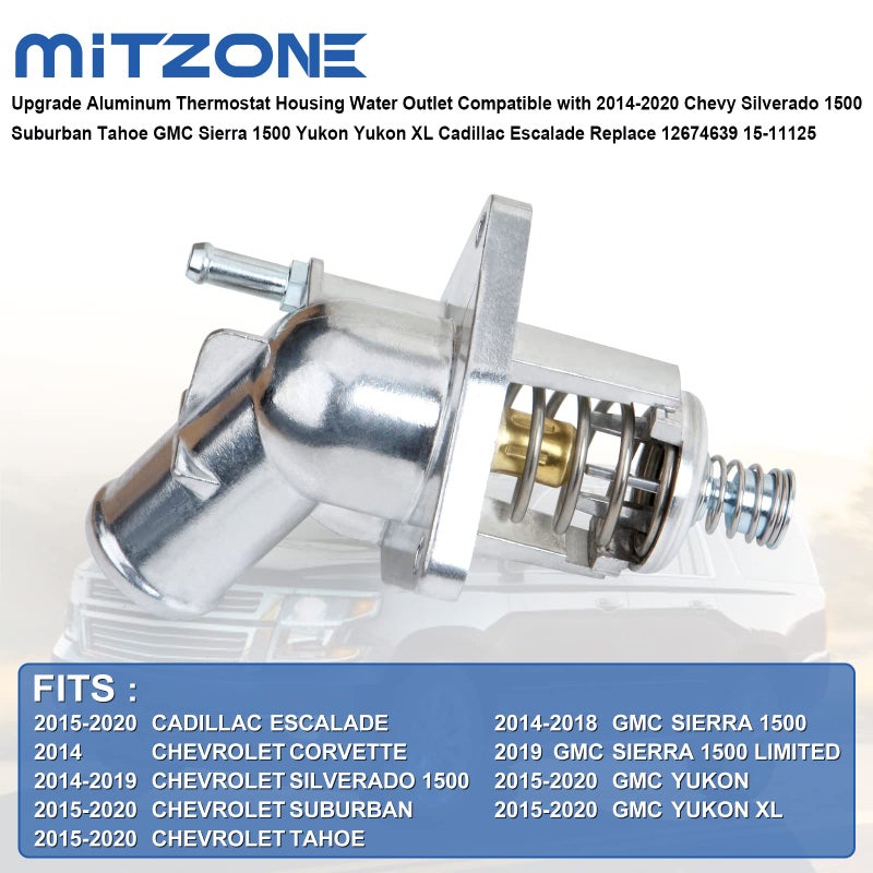 MITZONE Upgrade Aluminum Thermostat Housing Water Outlet Compatible with 2014-2020 Chevy Silverado 1500 Suburban Tahoe GMC Sierra 1500 Yukon Yukon XL Cadillac Escalade Replace 12674639 15-11125 - Image 2